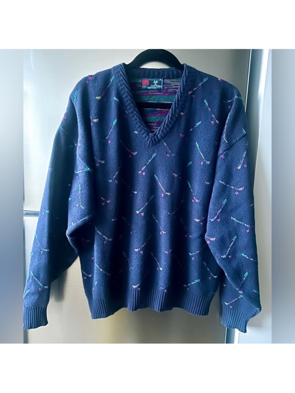 Vintage Isle of Cotton Sweater XL Made in USA Confetti Knit V Neck Navy